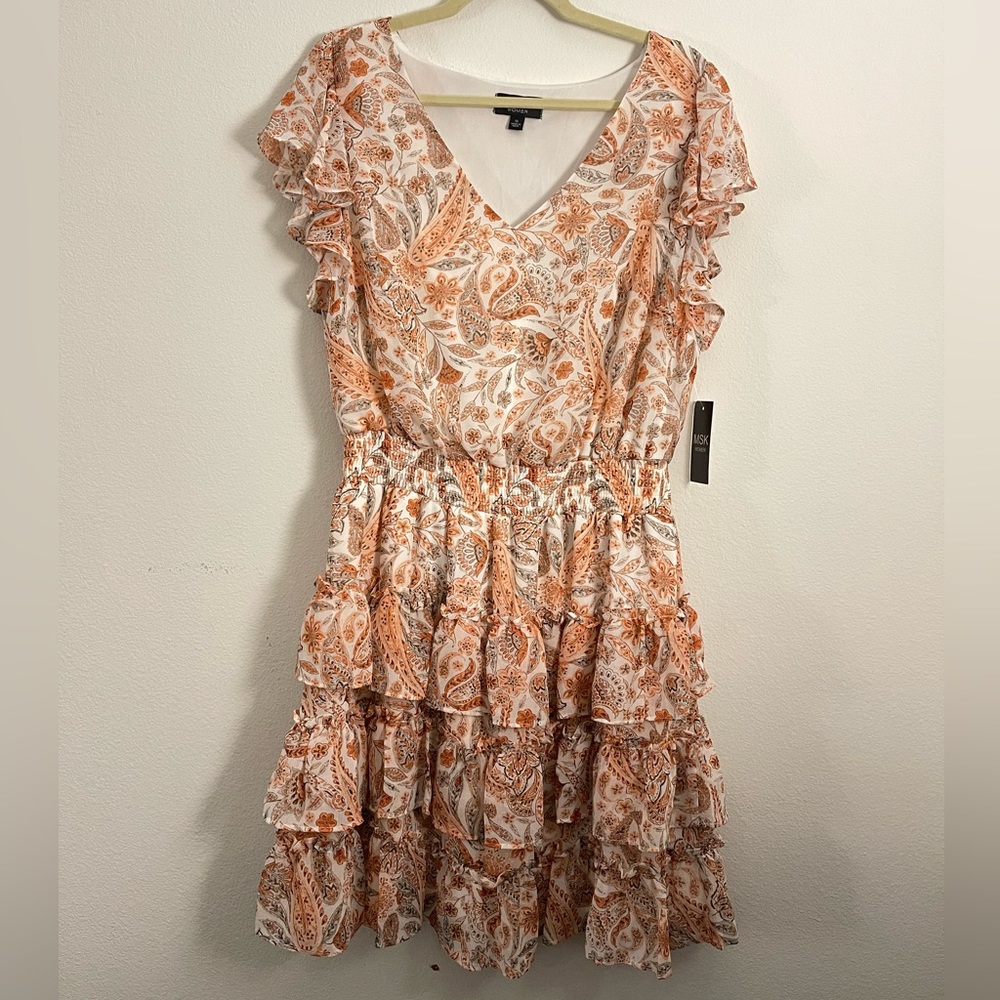 NWT MSK Women 1X Short Sleeve Orange & White Patterned Dress w/Ruffles